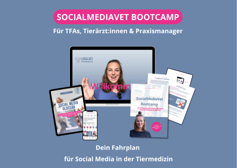 Grafische Darstellung und Vorschau zum Onlinekurs für Tierärzte und TFAs: das SocialMediaVet Bootcamp für Tierarztpraxen. Screenshoot des Kurses, Vorschau PDF Dokumente und Materialien
