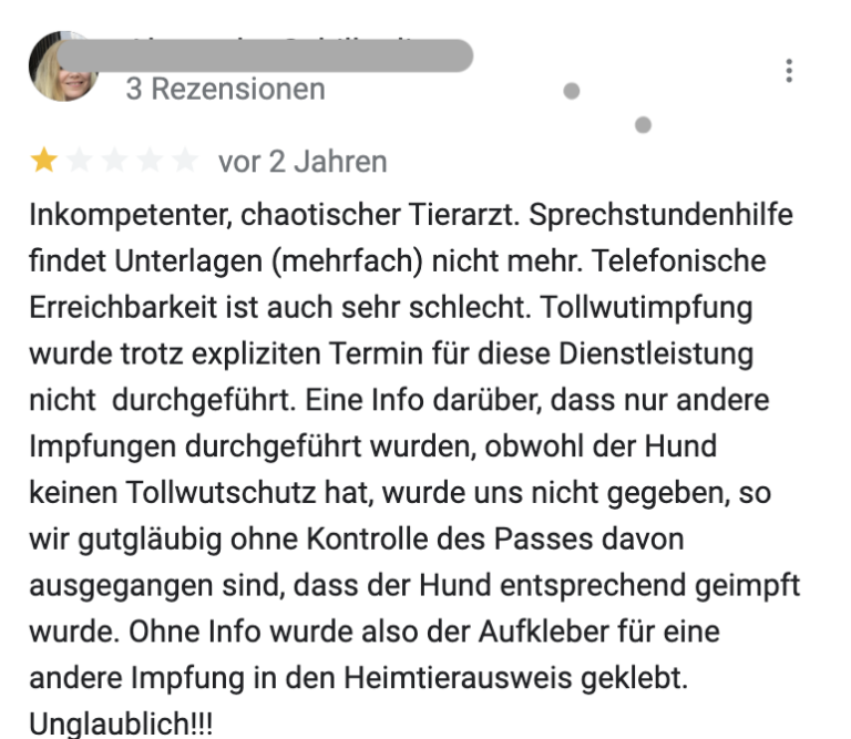 Negative Google Rezension mit Verbesserungspotential für die Praxiskommunikation