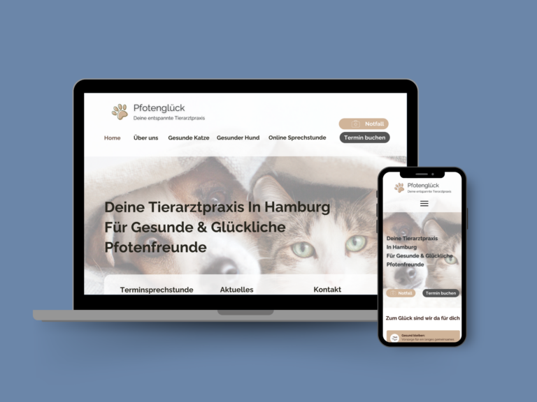 Laptop und Iphone auf denen eine Tierarztwebseite abgebildet ist